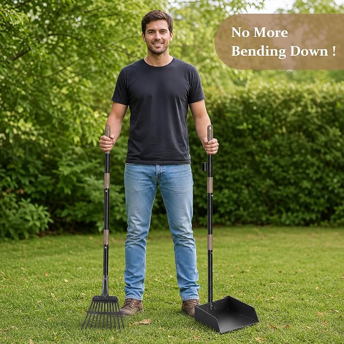 Pooper Scooper for Large Dogs, Metal Poop Scooper with Rake,Tray for Yard | Extra Large Pan, Long Handle, No Bending, Heavy Duty Stainless Steel, Rust Proof, Perfect for Seniors Pet Owner Multiple Dog