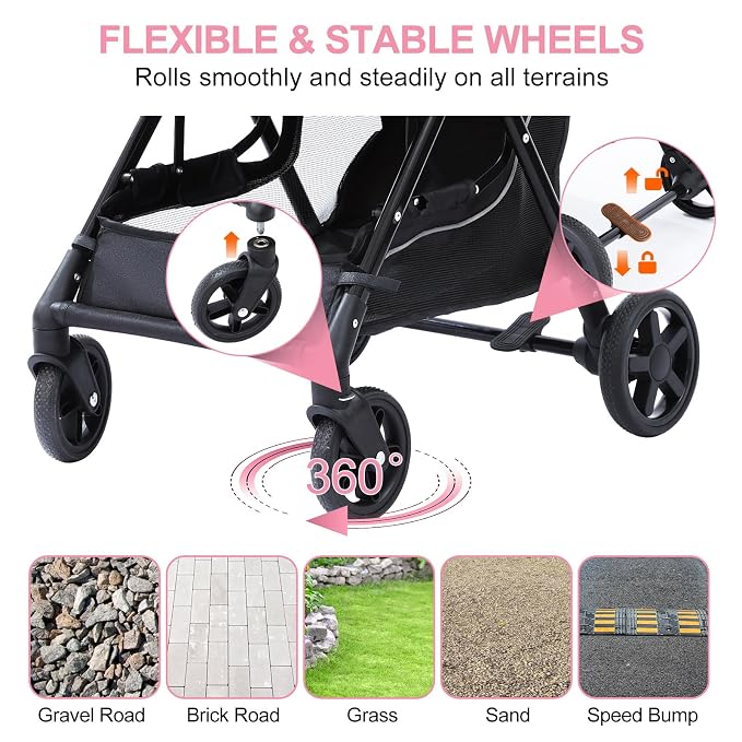 No-Zip Pet Stroller for Small Dogs & Cats, 44 lb, Pink | No-Zip Canopy, 44 lb Capacity, Reflective Trim, 2 Tethers, Lockable Front Wheels, Rear Brake and One-Hand Fold