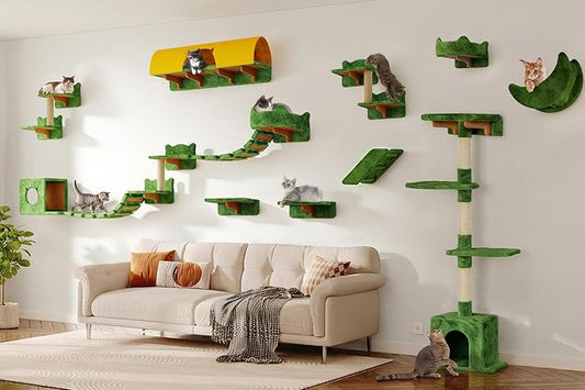 26-in-1 Cat Wall Shelves with Cat Tree, 40''L Tunnel, Moon, Green | Wall Mounted Cats Furniture Set with Plush Fabric, Cat Climbing Systems for 16 Inch Drywall, with Scratching Posts, Bridge