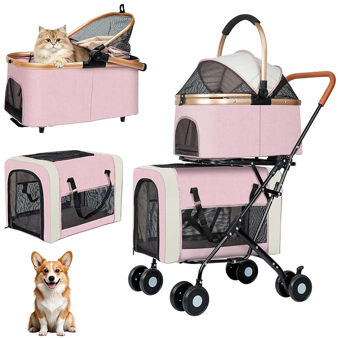 Double Pet Stroller for Dogs and Cats: Dog Stroller Foldable Travel Carriage with Detachable Carriers, Safety Belts, and 4 Lockable Wheels for Small to Medium Pets – Ideal for Multi-Pet Homes (Pink)
