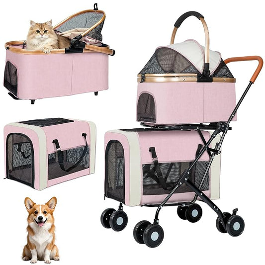 Double Pet Stroller for Dogs and Cats: Dog Stroller Foldable Travel Carriage with Detachable Carriers, Safety Belts, and 4 Lockable Wheels for Small to Medium Pets – Ideal for Multi-Pet Homes (Pink)