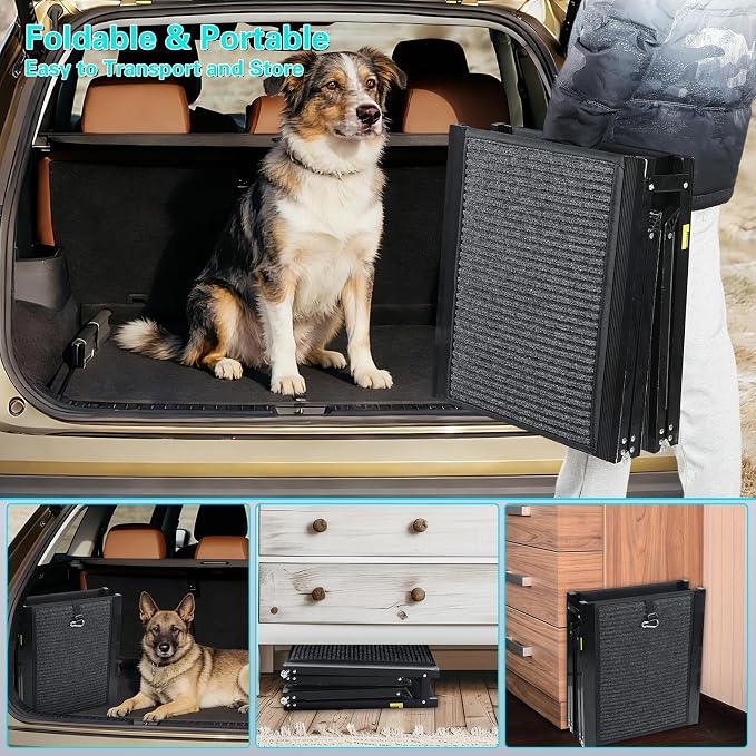 CypherX 71" Dog Ramp for Car SUV, Portable Folding Pet Ramp for Large Dogs | Gentle Incline Dog Car Ramp, Non-Slip Carpet Surface, Quad-Fold Ultra Portable Pet Stairs, Sturdy Aluminum Supports 250lbs