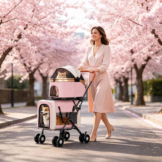 Double Pet Stroller for Dogs and Cats: Dog Stroller Foldable Travel Carriage with Detachable Carriers, Safety Belts, and 4 Lockable Wheels for Small to Medium Pets – Ideal for Multi-Pet Homes (Pink)
