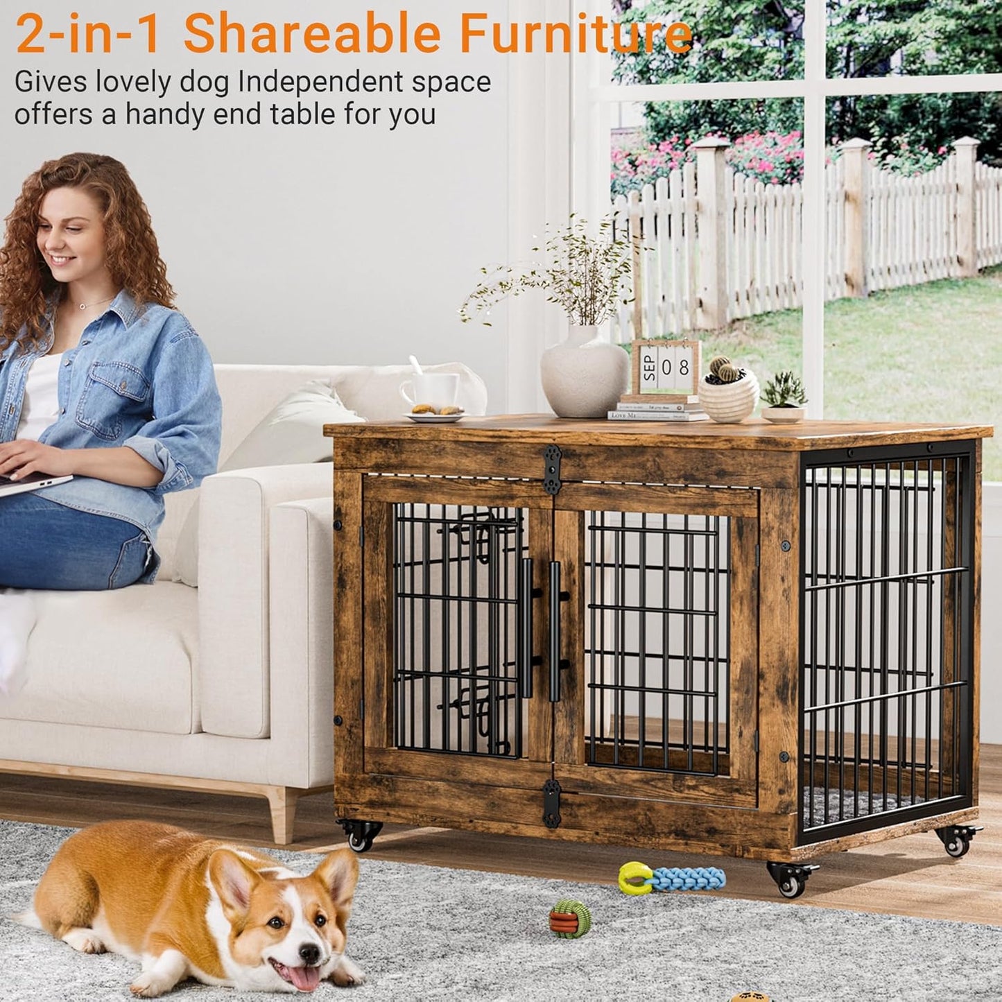Lulive Dog Crate Furniture, Dog Kennel Indoor Double Doors Wooden Dog Cage, 32'' Heavy Duty Dog Crate with Cushion & Wheels, Decorative End Table Pet House Chew-Resistant for Medium/Small, Brown