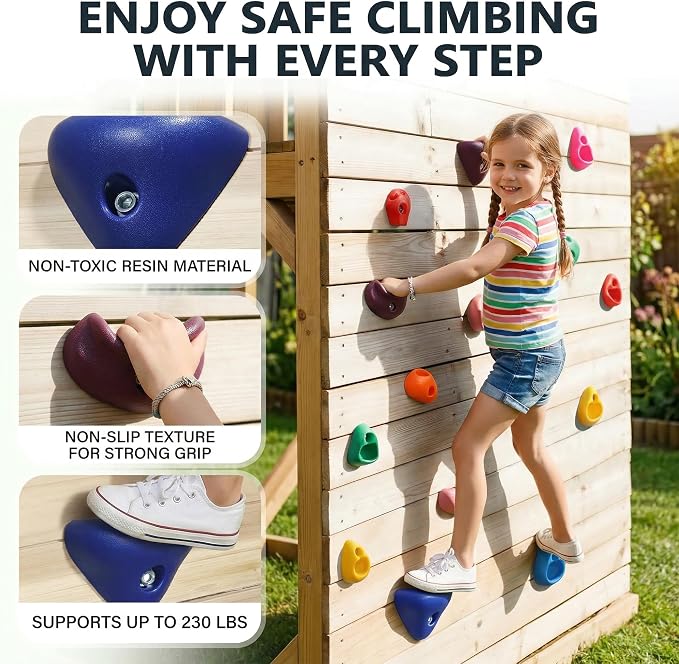 Rock Climbing Holds for Kids, 20 PCS Rock Wall Holds with Hardware, Indoor Outdoor Climbing Grips for Backyard Playset & Home Wall, Easy Install, Multicolor