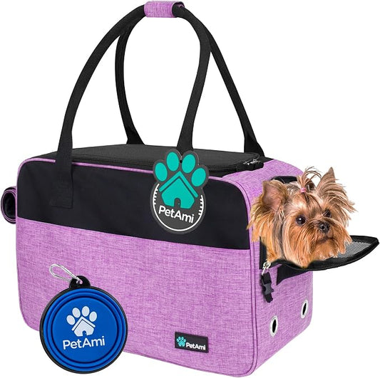 PetAmi Dog Purse Carrier for Small Dogs Cats, TSA Airline Approved Soft-Sided Pet Carrier with Pockets, Ventilated Travel Tote Bag with Bed & Shoulder Strap, Puppy Kitten, Max 12 lbs, Purple