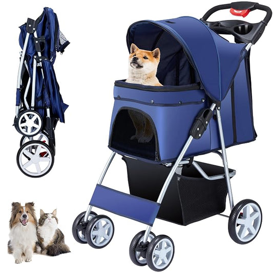 Unisakey 4 Wheels Pet Stroller for Small Medium Dogs Cats 10-33 lbs, Foldable Dog and Cat Stroller with Cup Holder & Storage Basket & Breathable Mesh, Pet Strolling Cart for All-Season, Navy Blue