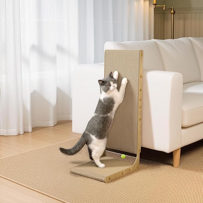 Conlun Cardboard Cat Scratcher,30" L-Shaped Scratch Pad Wall Mounted,Vertical Scratching Post Durable Cardboard to Protect Furniture for Indoor Cats,Wood Grain Junbo