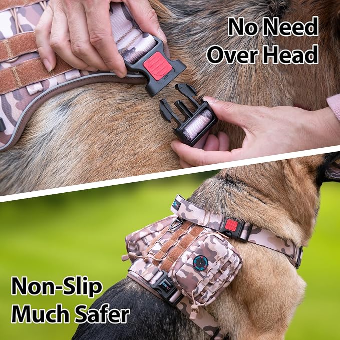 No Pull Tactical Dog Harness,Service Dog Vest Molle & Loop Panels | Woodland Brown L, Metal Front & Back D-ring, Reflective, Easy Control with Padded Handle for Small Medium Large Dogs