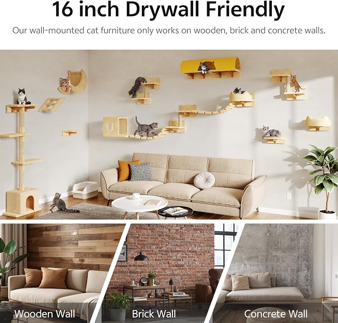 26-in-1 Cat Wall Shelves with Cat Tree, 40''L Tunnel, Moon, Beige | Wall Mounted Cats Furniture Set with Plush Fabric, Cat Climbing Systems for 16 Inch Drywall, with Scratching Posts, Bridge
