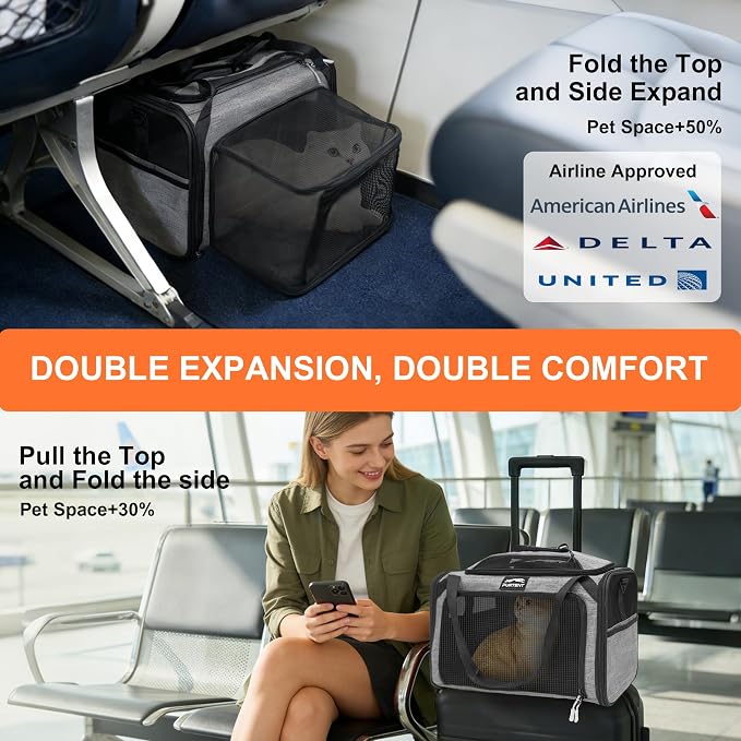 Cat Carrier Soft Expandable Pet Carrier Top & Sides Airline Approved Dog Carriers 360° Ventilation Soft-Sided Cat Carriers with Breathable Mesh Built-in Safety Leash & Reversible Cushion
