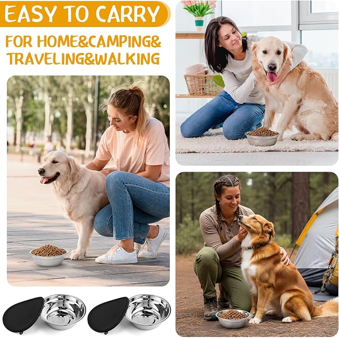 Patelai 4 Pcs Stainless Steel Dog Bowls 7.9" with Silicone Lids Portable Food and Water Dishes for Pets Sealable Containers for Small Medium Dog Cat Indoor (Black)