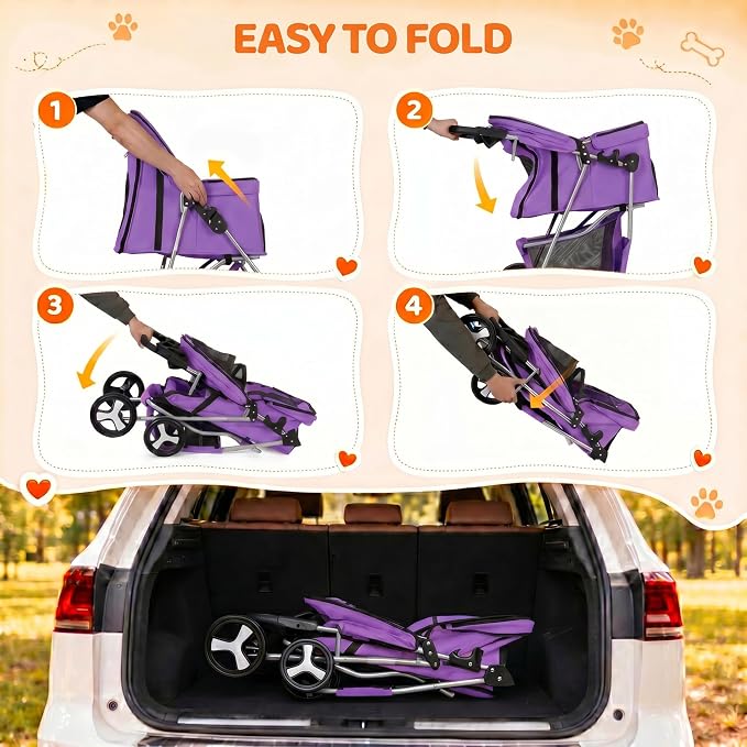 ZENY Foldable Pet Stroller, Cat/Dog Stroller with 4 Wheel, Pet Travel Carrier Strolling Cart with Storage Basket, Cup Holder (Purple)