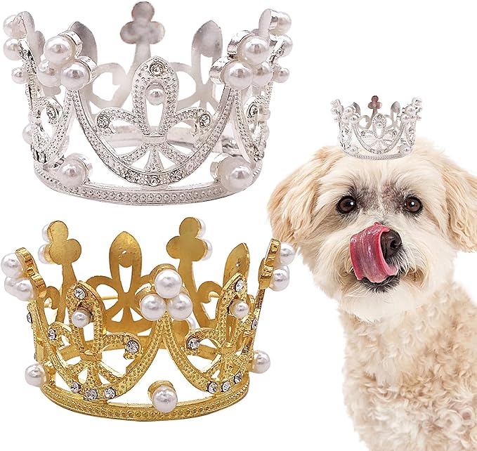 PET SHOW 2pcs Small Dog Crown Headband Puppies Rabbit Cat Hat for Birthday Party Silver Gold Rhinestone Faux Pearl Crown for Pet Holiday Wedding Hair Accessories Photo Prop Costume