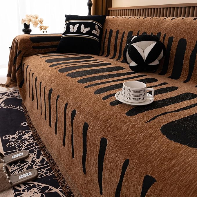 VClife Aztec Couch Cover for Sofa, Thick Plush Jacquard Couch Cover for Sectional Sofa, Breathable Washable Sofa Slipcover for Dog, Bohemian Moroccan White Pumpkin Slip Cover 71"X134"