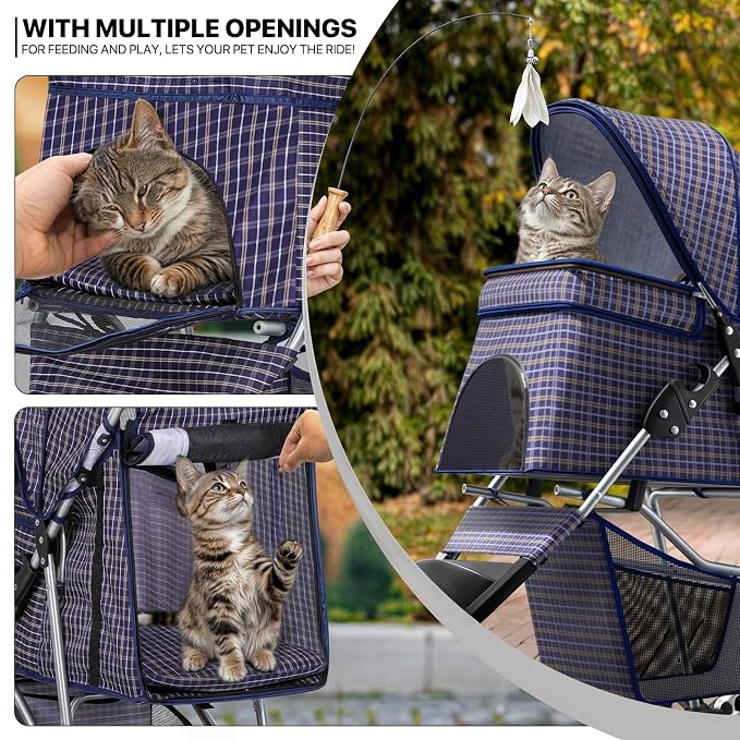 MoNiBloom Pet Stroller for Small/Medium Dogs and Cats up to 33 lbs, Plaid | Foldable 3 Wheels Pet Strolling Cart w/ Storage Basket Weather Cover Cup Holder, Breathable and Visible Mesh for All-Season
