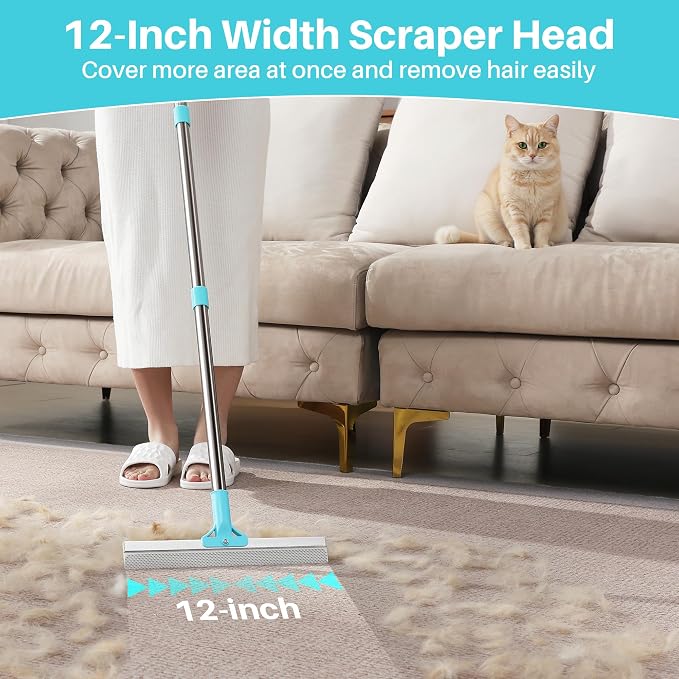 JOYMOOP Carpet Rake for Pet Hair Removal, 63" Adjustable Long Handle Pet Hair Remover, Reusable Cat Dog Hair Carpet Rake with Metal and Silicone Scraper for Rug, Sofa, Cloth