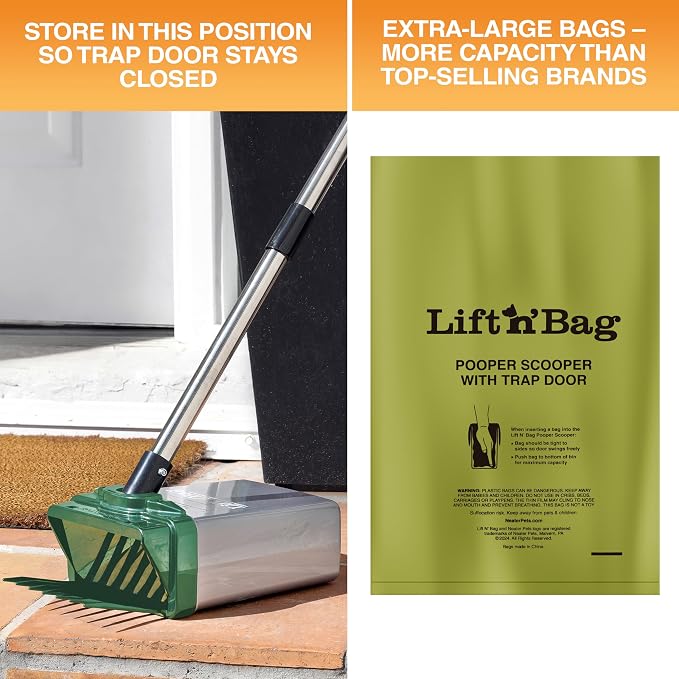 Neater Pet Brands Lift N’ Bag 2.0 Dog Pooper Scooper with Bag Attachment & 31" Pole for Small to Large Dogs, New Longer Pole, 60 Refill Bags, Heavy Duty Dog Poop Scooper for Yard, One-Hand Use