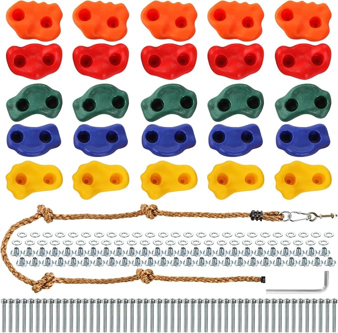 ZENFUN 25 Packs Rock Climbing Holds, Indoor & Outdoor Rock Wall Climbing Kit, Multi-Colored Climbing Rock Wall Grips with Mounting Hardware, Knotted Rope（Added 4 Sets of Spare Screws）