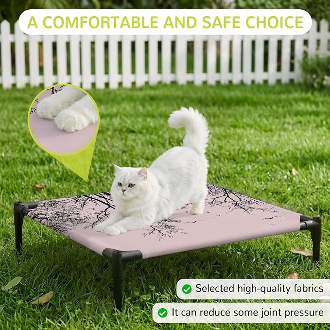 Outdoor Elevated Dog Bed for Small Dogs, Pink Black Branches Breathable Cooling Raised Dog Cot for Indoor/Outdoor, Botanical Dead Tree Birds Waterproof Elevated Pet Beds, S 20 x 20 in