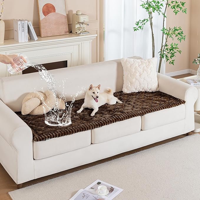 PuTian 100% Waterproof Fuzzy Couch Cover for Dogs Brown 27.6"x82.7" | Pet Friendly Dog Mat for Couch, Waterproof Sofa Protector, Scratch Resistant Furniture Cover for Dogs, Machine Washable