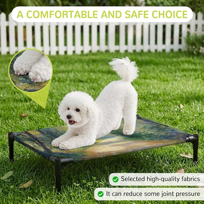 Outdoor Elevated Dog Bed for Large Dogs, Country Forest Breathable Cooling Raised Dog Cot for Indoor/Outdoor, Farmhouse Trees Plants Nature Scenery Waterproof Elevated Pet Beds, L 28 x 22 in