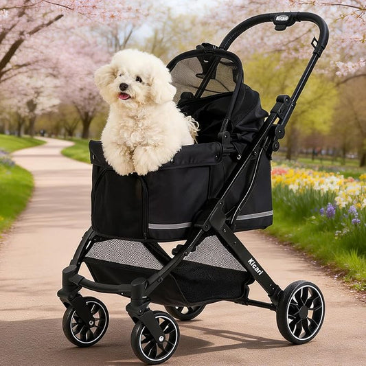 All-Terrain Dog Stroller for Small to Medium Dogs, Pet Stroller for Dogs & Cats Outdoor Walks, One-Hand Easy Fold, Double-Layer Anti-UV & Waterproof Canopy & Breathable Mesh, Samurai Black
