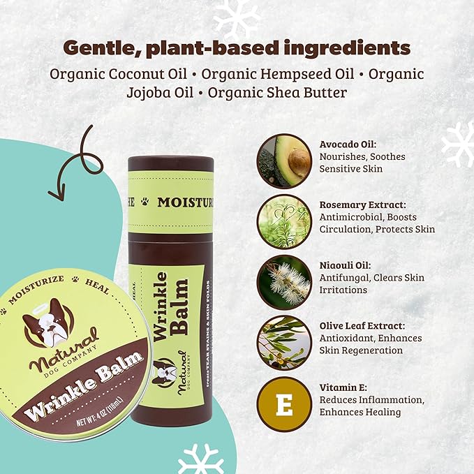 Natural Dog Company Wrinkle Balm for Dogs – Dog Wrinkle Balm for Skin Folds, Facial Creases & Wrinkles, Lick-Safe Wrinkle Cream for Bulldogs, Pugs & Bully Breeds, Daily Skin Care, 0.15 oz Stick