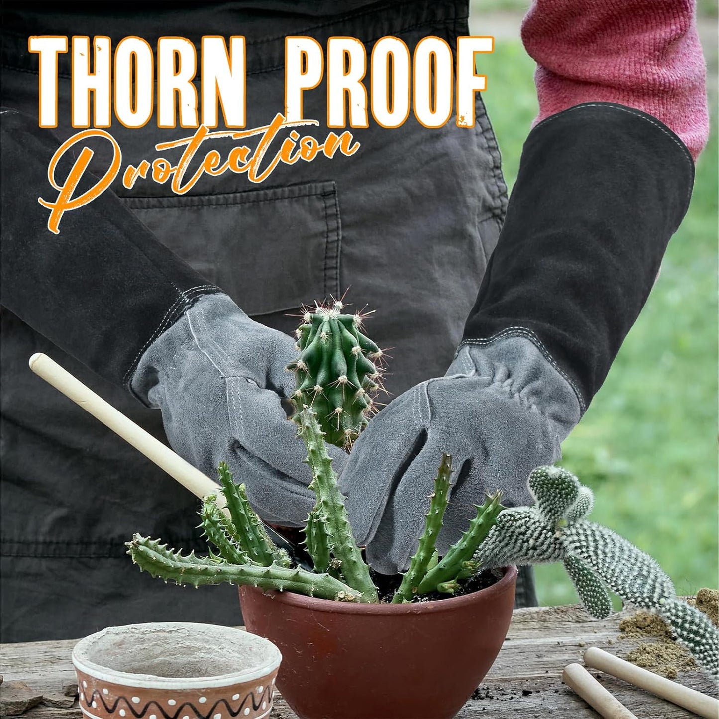 HANDLANDY Long Gardening Gloves for Men & Women, Cowhide Leather Rose Pruning Gloves, Breathable Thorn Proof Gauntlet Glove (Dark Grey-Black, M)