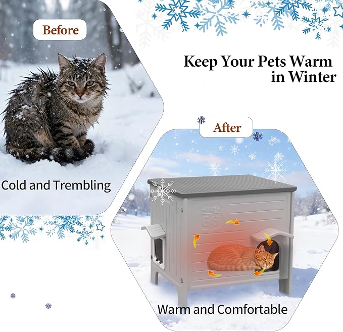 Insulated Cat House Outdoor, Large Plastic Cat Shelter Outside for Winter | Weatherproof, with Escape Door, Plastic Insulated Cats House Indoor Outdoor