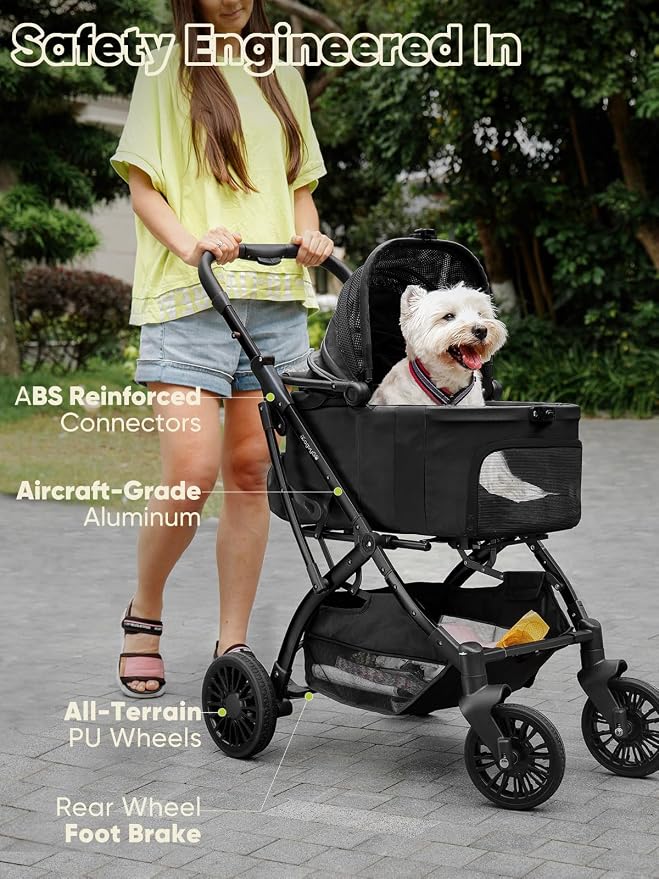 Small Dog Stroller, Pet Stroller for Small Dogs, 5-in-1 Dog Strollers - Fold All in One Without Detaching Carrier, Pet Strollers with Removable Waterproof Carrier for Dogs Cats 10 lbs 20 lbs, Black