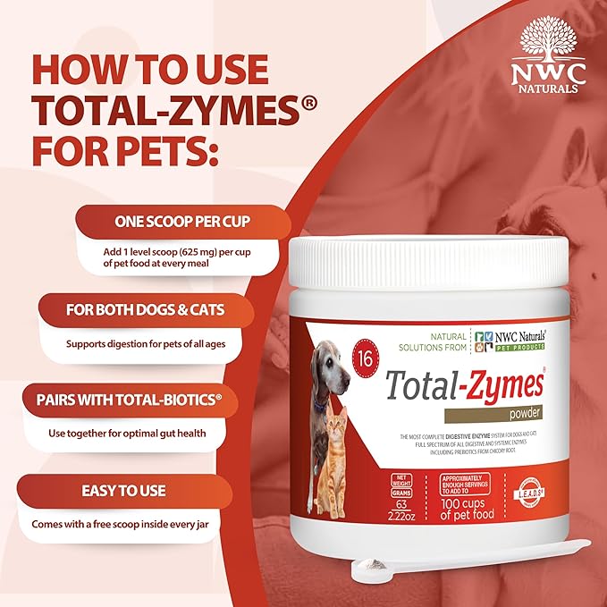 NWC Naturals Total-Zymes Digestive Enzymes for Cats and Dogs, Unflavored, Gut Health with Prebiotic to Support Food Digestion & Absorption, 100 Servings - 2.2 Ounces