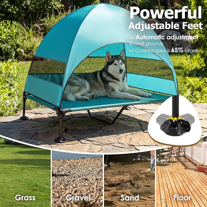 Elevated Dog Bed with UV-Proof Canopy, Outdoor Dog Tent with Powerful Adjustable Feet, Portable Pet Cot with Wider Shade, Raised Cooling Bed for Camping, Patio, Beach, Poolside