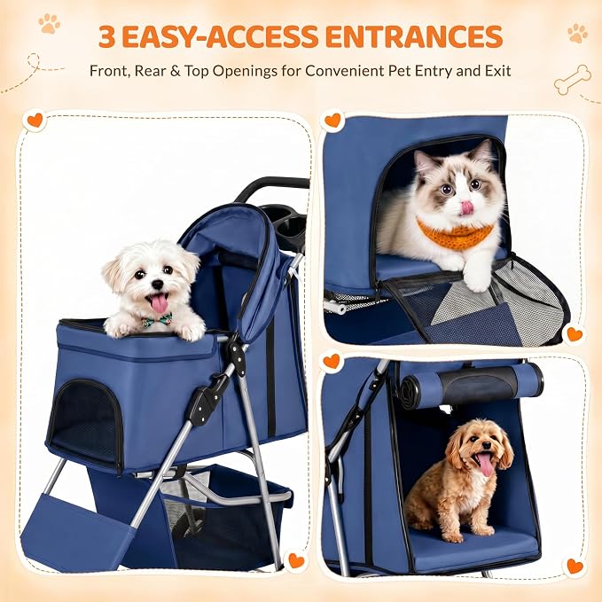ZENY Foldable Pet Stroller, Cat/Dog Stroller with 4 Wheel, Pet Travel Carrier Strolling Cart with Storage Basket, Cup Holder (Navy Blue)