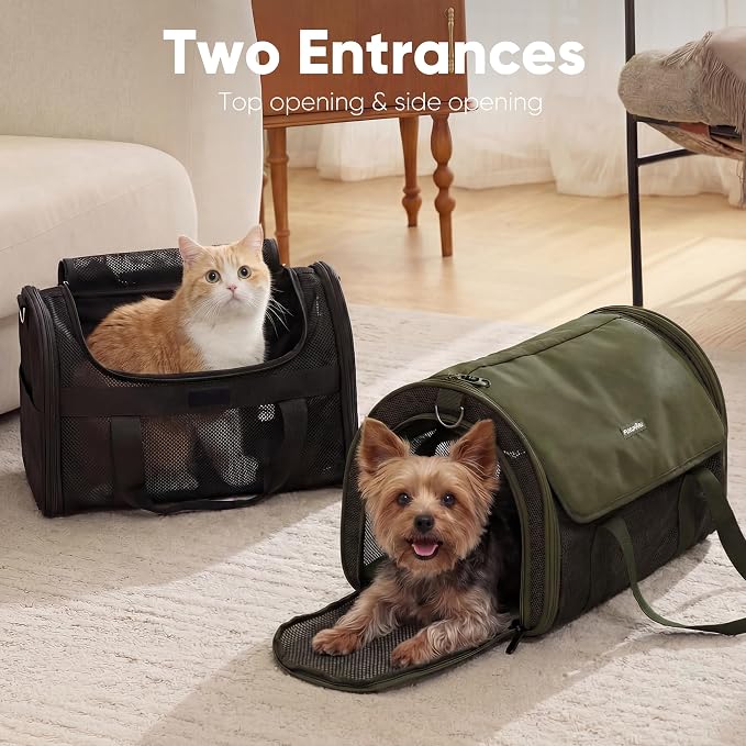 FUKUMARU Cat Carrier, Light & Airy Pet Carrier, 18x11x11 Airline Approved Dog Carrier for Small Dogs, 2-in-1 Shoulder Strap Leash, Collapsible Soft Cat Travel Carrier with Anti-Scratch Mesh, Black