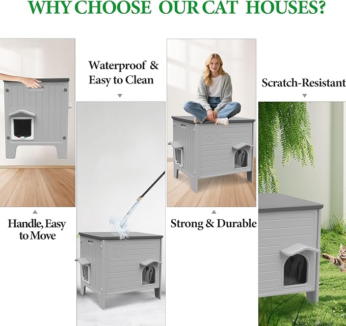 Outdoor Cat House Weatherpoof Large Plastic Cat Shelter Outside | with Escape Door Indoor Waterproof Feral/Pet Cat Houses for Multiple Cats (Grey)
