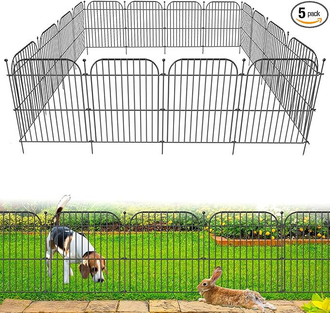 5 Panels No Dig Decorative Garden Fence for Yard, 24 in(H) x 10 ft(L) Rustproof Metal Wire Fence Border with Patio Temporary Ground Stakes, Animal Barrier Fencing for Dog and Small Pets