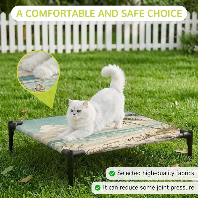 Outdoor Elevated Dog Bed for Small Dogs, Palm Trees Breathable Cooling Raised Dog Cot for Indoor/Outdoor, Beach Summer Blue Ocean Sky Natural Landscape Waterproof Elevated Pet Beds, S 20 x 20 in