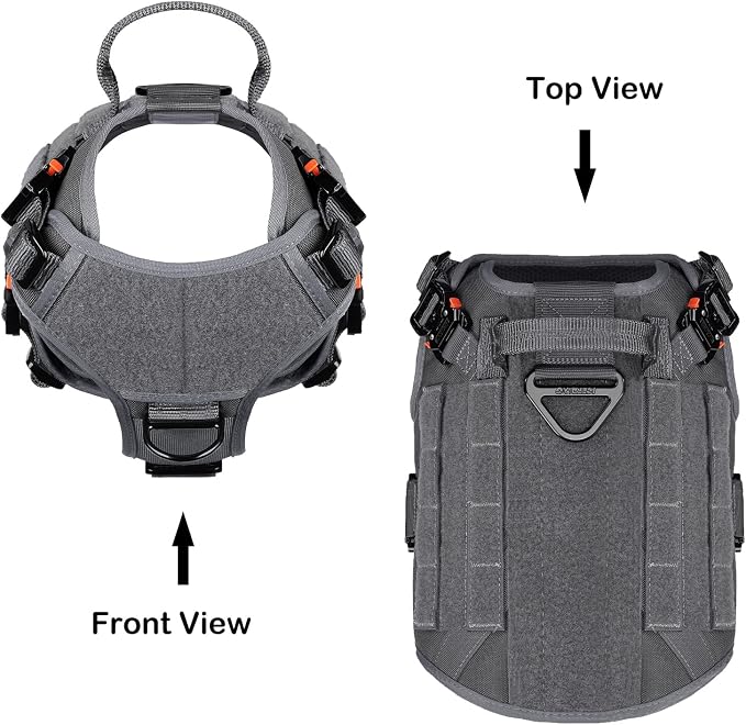 ICEFANG Tactical Dog Harness for Medium Dogs,Full Metal Buckles Dog Vest | with MOLLE, Reflective,Adjustable,2 Leash Clips,Control Handle,No Pull,Soft Padded,Grey,Medium