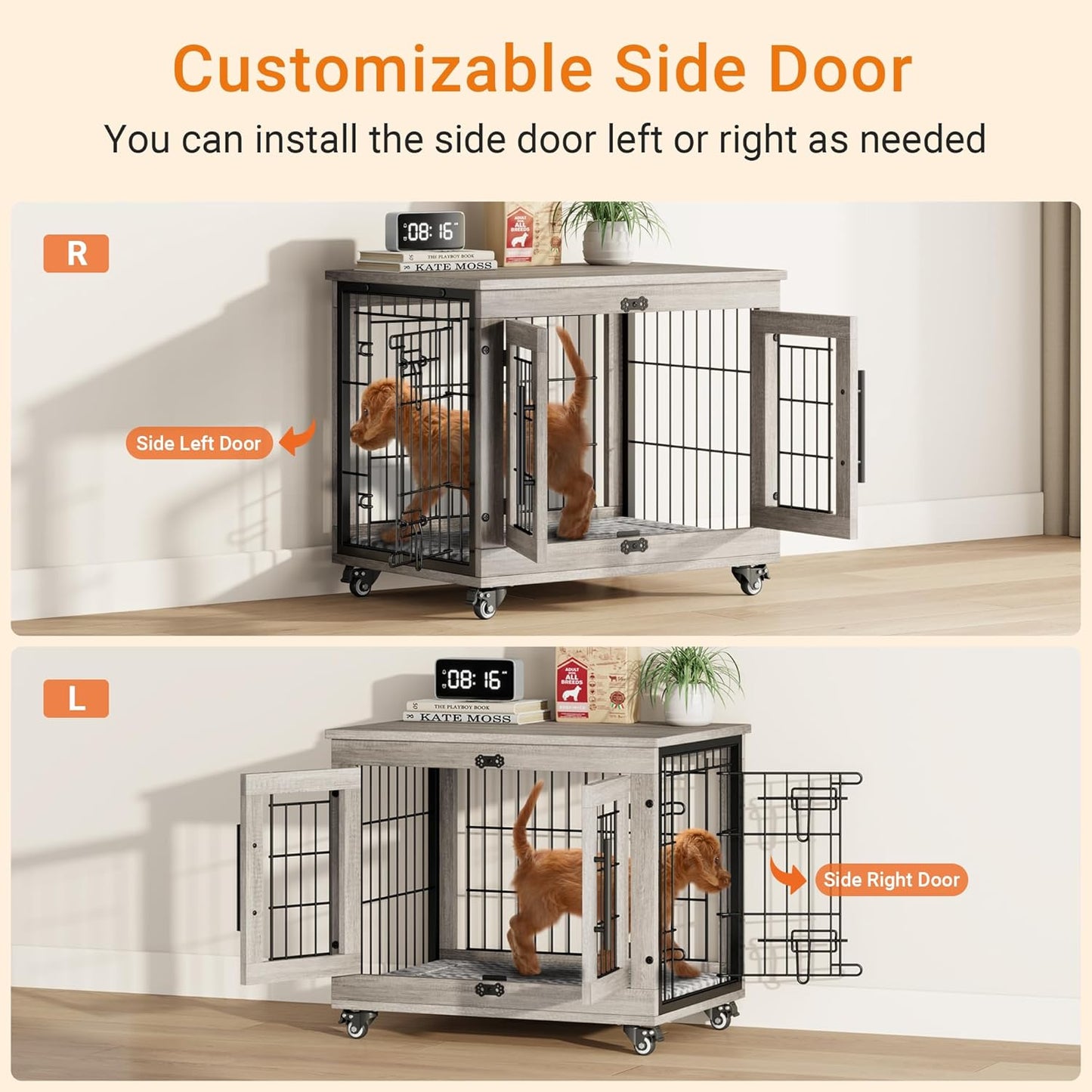 Lulive Small Dog Crate Furniture, Dog Kennel Indoor Double Doors Wooden Dog Cage, 27.1'' Heavy Duty Dog Crate with Cushion & Wheels, Decorative End Table Pet House Chew-Resistant for Small Dogs, Grey