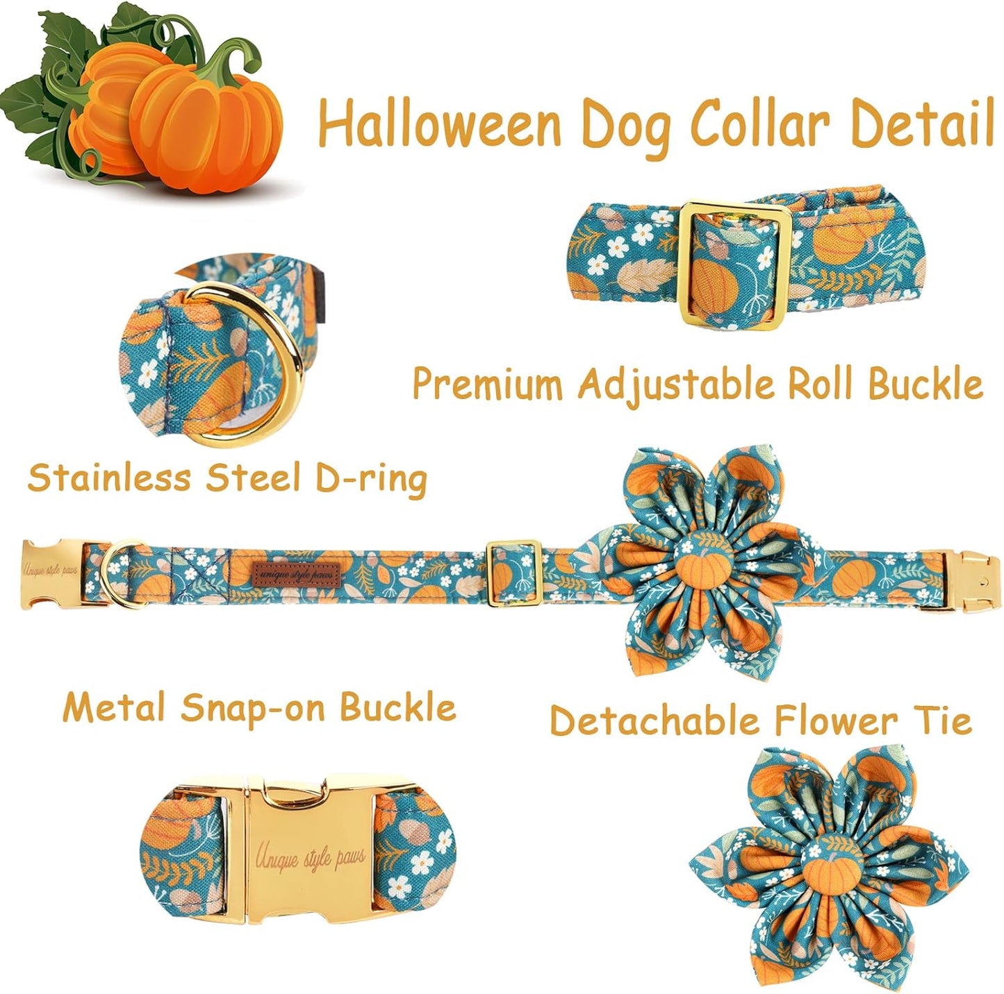Unique style paws Halloween Dog Collar with Flower Tie Pumpkin Cotton Collar Adjustable Puppy Collar for Small Medium Large Dogs-XL