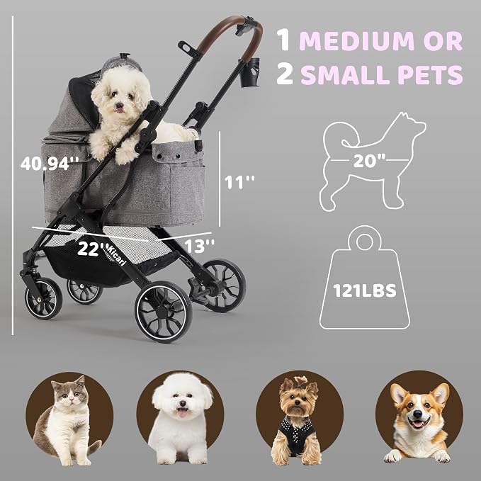 All-Terrain Dog Stroller for Small to Medium Dogs, Pet Stroller for Dogs & Cats Outdoor Walks, One-Hand Easy Fold, Double-Layer Anti-UV & Waterproof Canopy & Breathable Mesh, Charcoal Gray