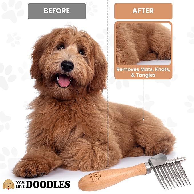 We Love Doodles Dog Grooming Detangler Brush & Rake (Mango Detangler Spray Bundle) - Stainless Steel Blades - For All Hair Types & Sizes - Safe & Gentle Formula - Made in USA
