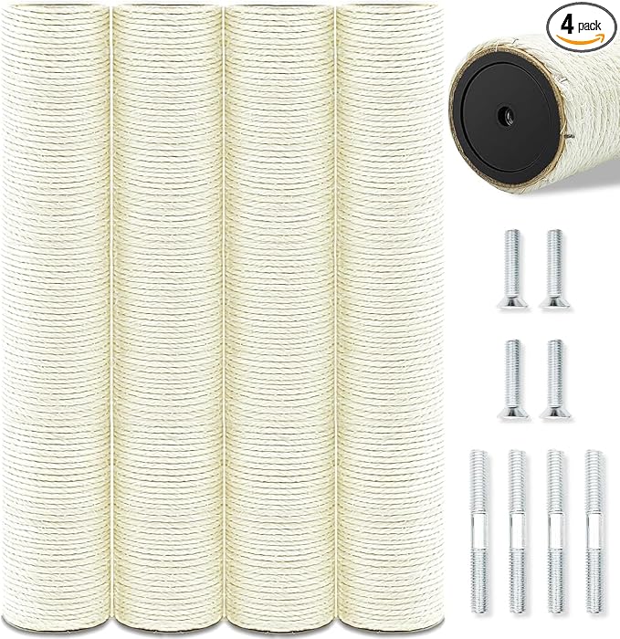 4 PCS Cat Scratching Post Replacement, 15.7in M8 Sisal Cat Tree Replacement Posts with Screws, Natural Sisal Refill Poles for Indoor Cat Tree Repair