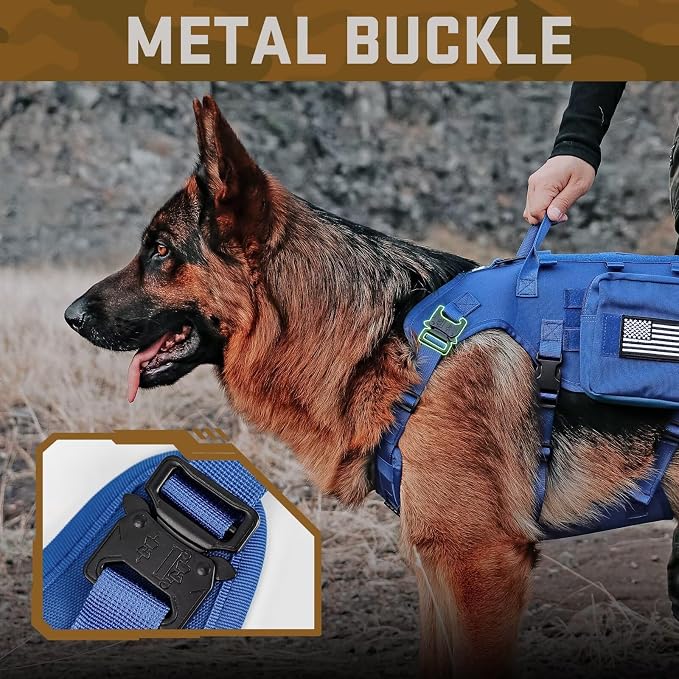 Forestpaw Tactical Dog Harness Collar Bungee Leash Set,L,Blue | Adjustable Fits 27-40" Chest,70-140 lbs,No Pull Control Military,Quick Release Buckle,Walking Training for Medium Large Dogs