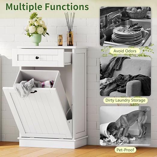 10 Gallon Tilt Out Trash Can Cabinet with Drawer, Hidden Trash Can, White | Cabinet with Drawers for Kitchen, Bathroom and Laundry Room
