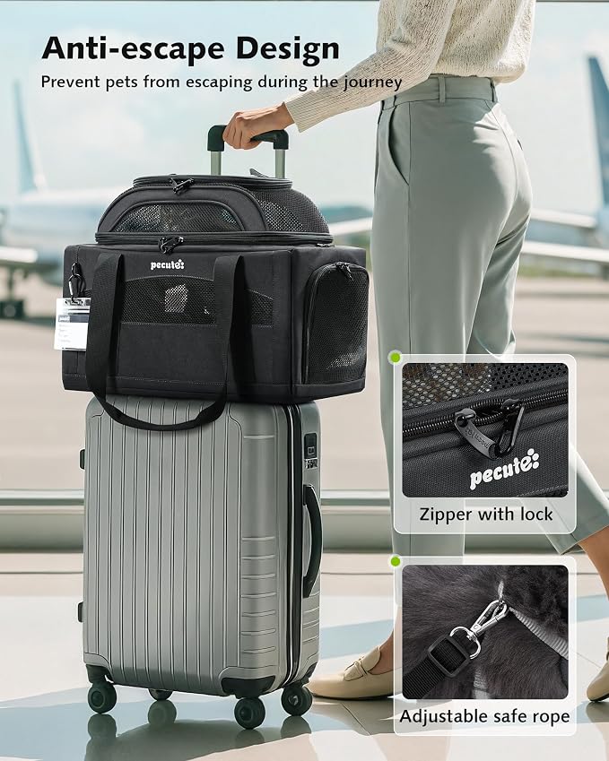 Pecute Top Side Expandable Pet Carrier Airline Approved Dog Cat Carrier, Breathable Soft-Sided with Locking Zippers, Pet Travel Bag for Small Dog Cat Leakproof Pee Pad ((Dark Gray)