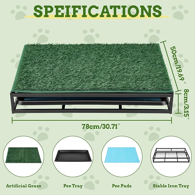 Dog Grass Pad with Tray, 30.71"L × 19.69"W × 3.15"H, 1 Reusable Artificial Turf for Dog Potty & 10 Pee Pads, Waterproof Non-Slip Washable Pee Pad Holder, Portable Dog Litter Box for Indoor/Outdoor Use
