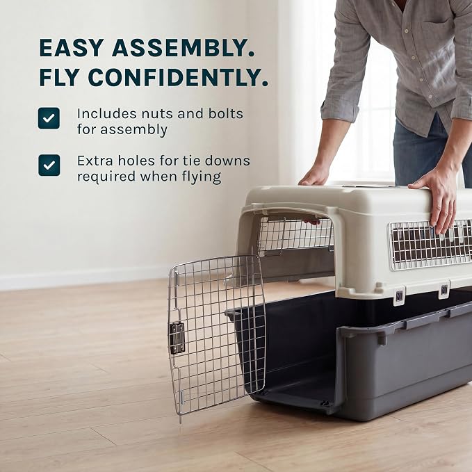 SportPet Airline Compliant LARGE 31.5" Travel Dog Kennel- Durable Plastic Airline Pet Carrier w/ Removable Wheels & Food Bowls, Collapsible Indoor/Outdoor Dog Kennel, Dogs up to 28"L & 20"H-Dark Gray