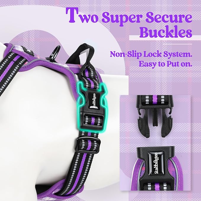rabbitgoo Dog Harness, No Pull for Large Dogs with 2 Leash Clips, Pet Vest | No Choke with Handle, Adjustable Soft Padded, Reflective, Easy Control for Walking, Purple Plaid, X-Large